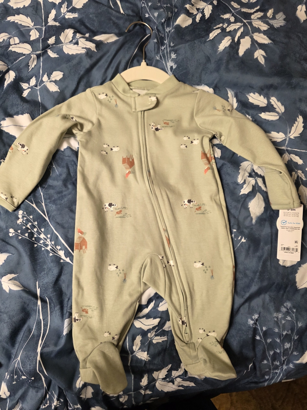 child of mine Sage Green Farm Animal Footed One-Piece